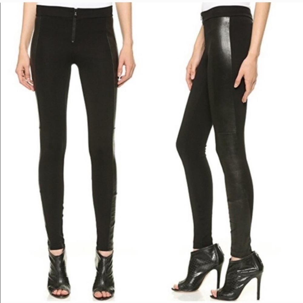 Alice + Olivia Black front zip lambskin Leather pointe Combo Panel Legging size4